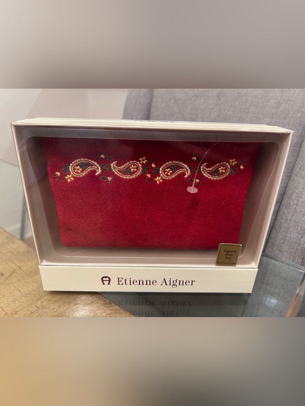 VINTAGE ETIENNE AIGNER GENUINE COWHIDE LEATHER RED PAISLEY COSMETIC BAG W/MIRROR